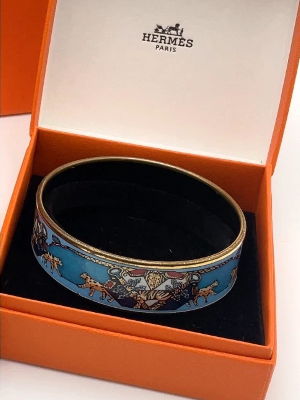 Hermès Enamel Bangle Bracelet Blue Multicolor Gold Tone Wide W/Box
